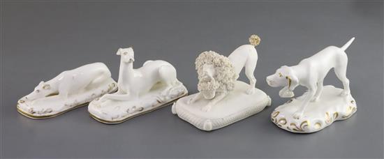 Four Grainger, Lee & Co. porcelain figures of dogs, c.1820-37, L. 9.5cm -12cm
